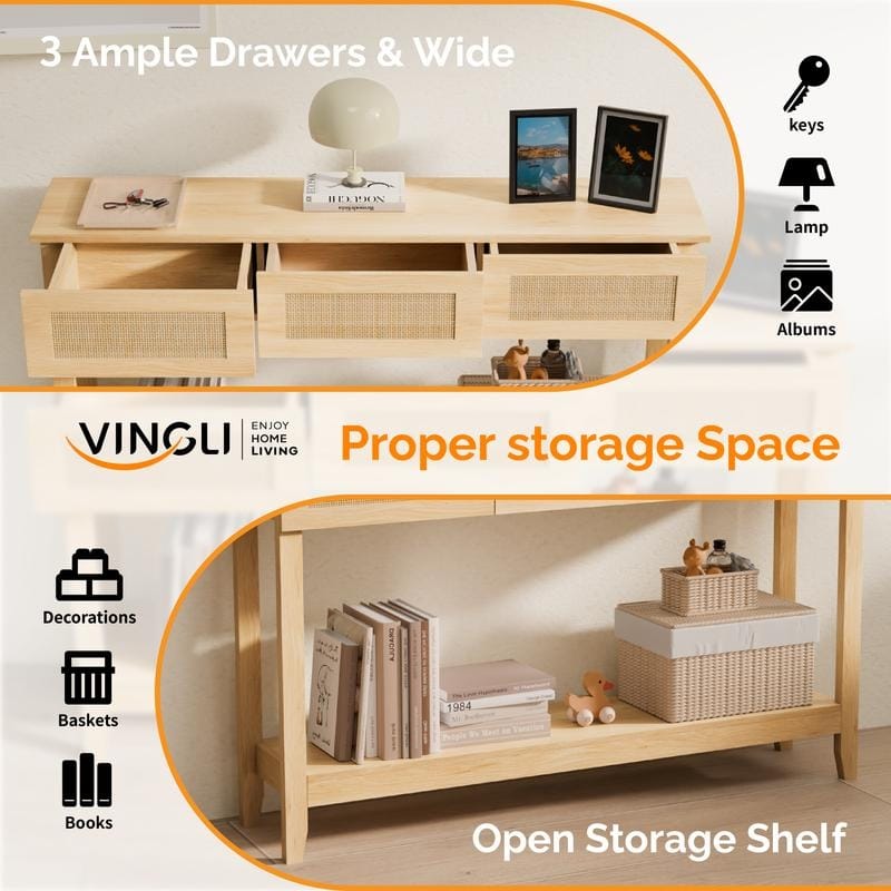 VINGLI Natural Wood Color 2-Layer 3-Drawer MDF Wicker Surface Entry Table