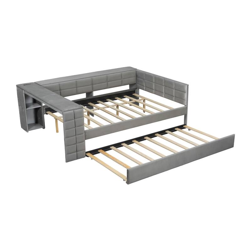 Full Size Upholstered Platform Bed with Storage Shelves Desk Charging Station and Trundle