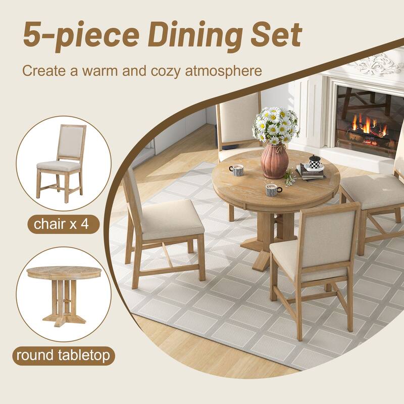 5-Piece Dining Set Extendable Round Table and 4 Upholstered Chairs Farmhouse Dining Set for Kitchen, Dining Room