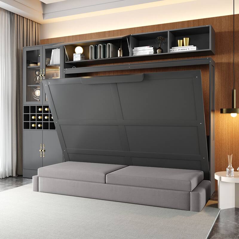 Queen Size Wall Bed with Sofa, Shelves, USB & Light in Gray