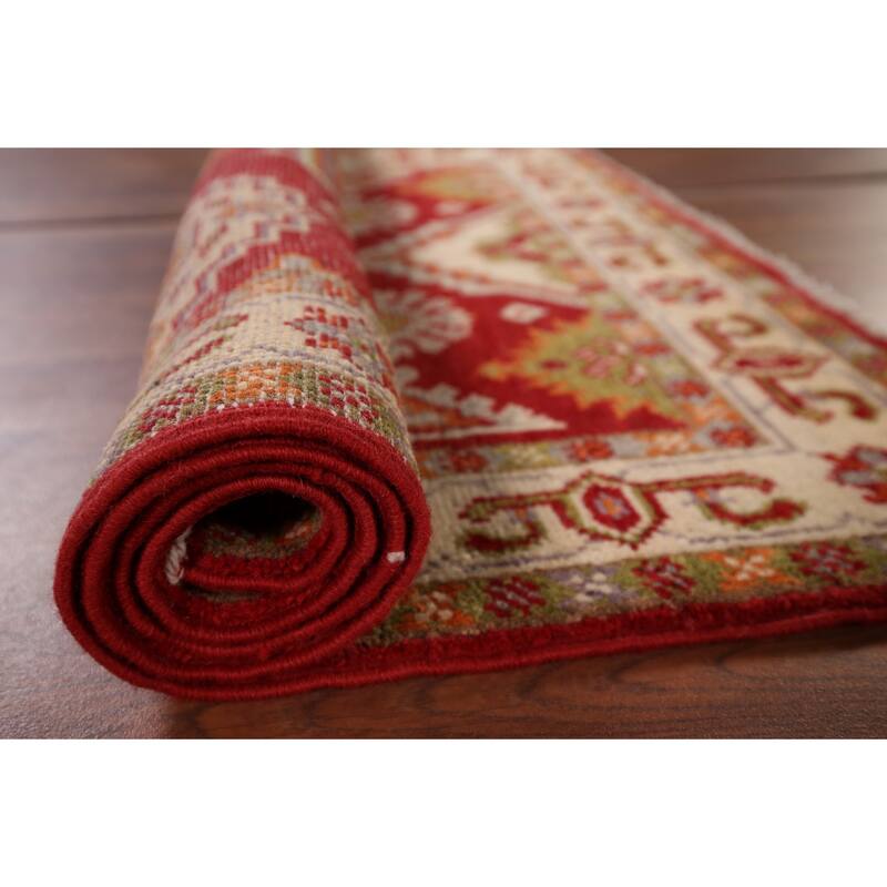 Geometric Red Kazak Accent Rug Hand-Knotted Oriental Wool Carpet - 2'7" x 4'1"
