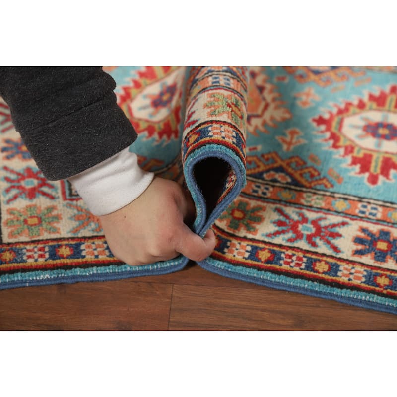 Light Blue Geometric Kazak Oriental Rug Hand-Knotted Wool Carpet - 2'0" x 3'0"