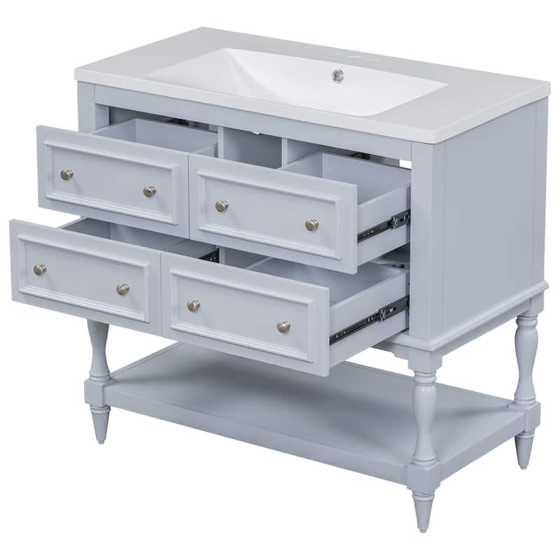 36 inch MDF Freestanding Bathroom Vanity with Integrated Ceramic Sink and Drawers - 36'' x 18'' x 34''