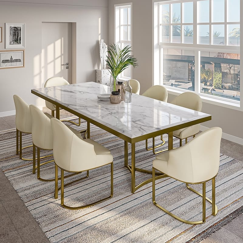 Modern Marble Dining Table with White Rectangular Tabletop Gold Stainless Legs, Dining Room Table