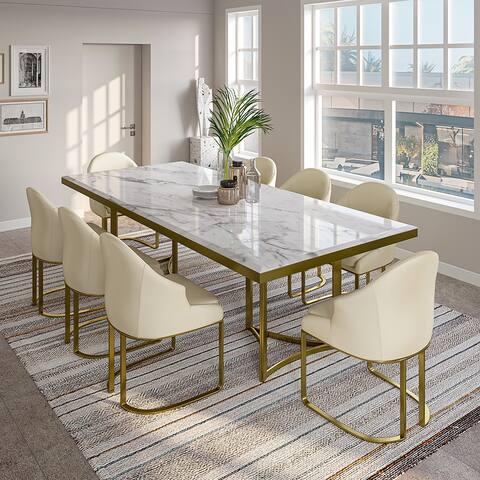 Modern Marble Dining Table with White Rectangular Tabletop Gold Stainless Legs, Dining Room Table
