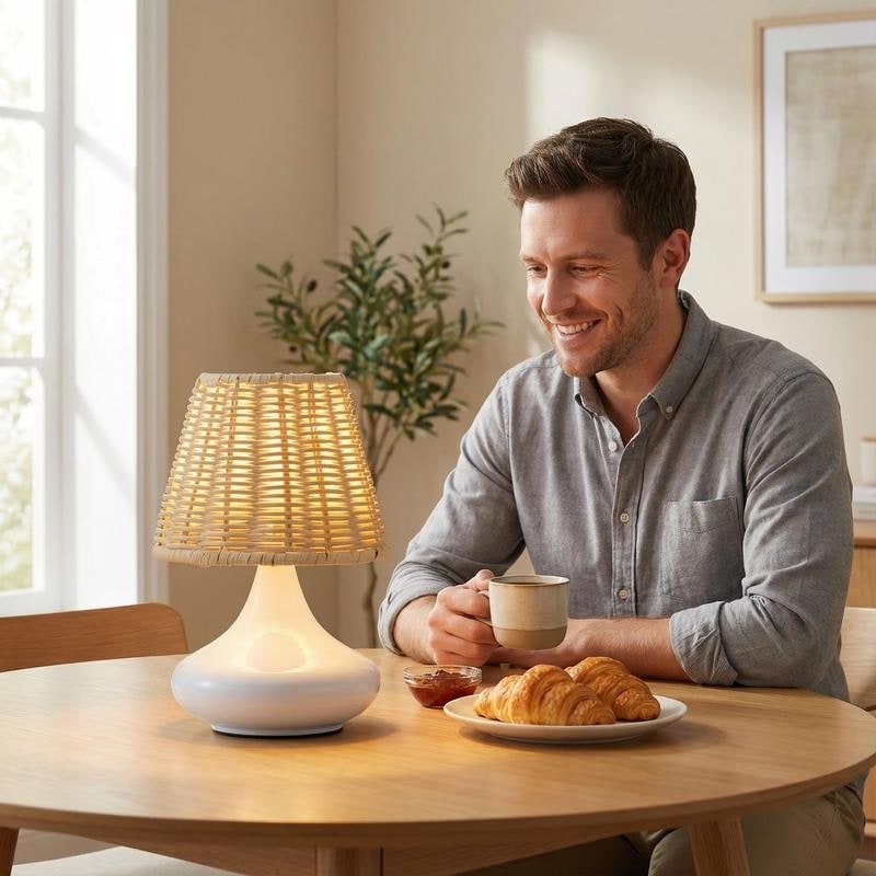 White Bamboo Woven LED Table Lamp with Iron Base Three Adjustable Light Colors Warm Cool Neutral for Bedroom Living Room