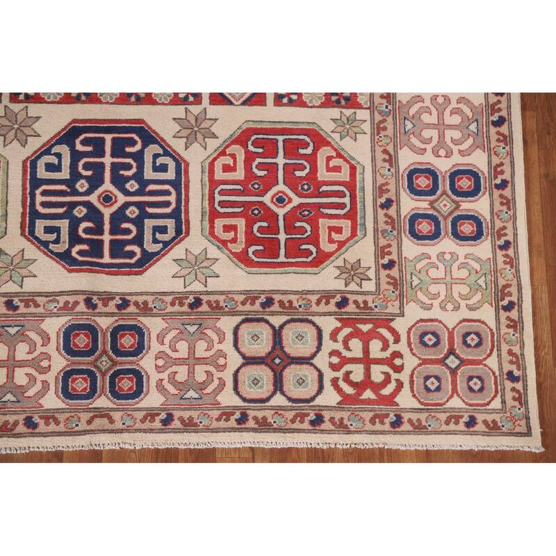 Hand Knotted Oriental 100% Wool Carpet Traditional Geometric Beige & Ivories Kazak Area Rug - 9' 7'' X 6' 7''