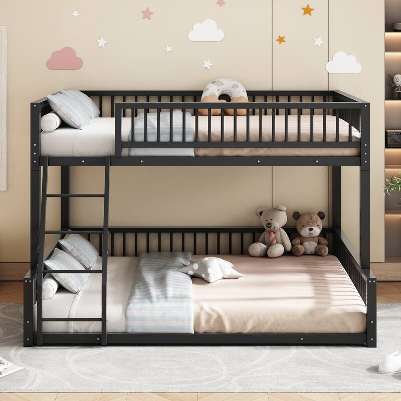 Floor Bunk Bed Heavy Metal Bed Frame with Ladder and Safety Guardrails, Detachable Bunkbeds Design Converts to 2 Platform Beds