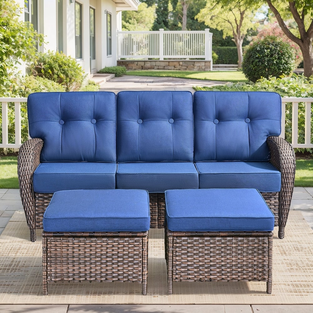 Gymojoy 3-Piece Outdoor Wicker Patio Furniture Set, 5" Thick Cushioned Rattan Sofa with Ottomans