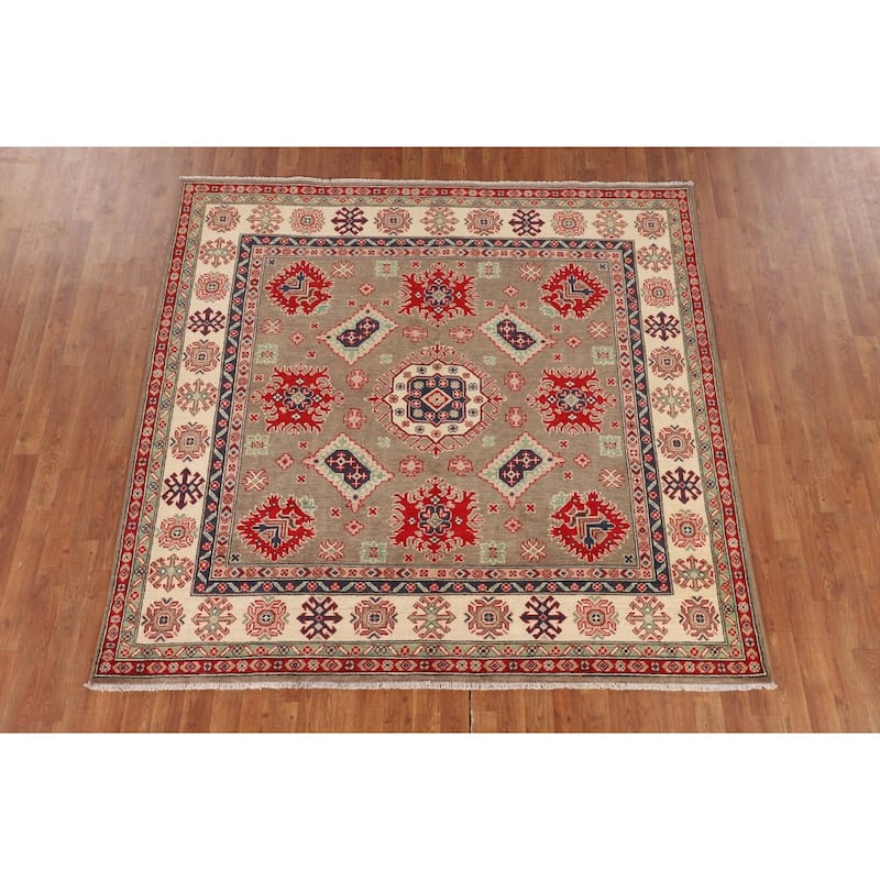 Geometric Kazak Oriental Square Area Rug Hand-Knotted Wool Carpet - 6'8" x 6'6"