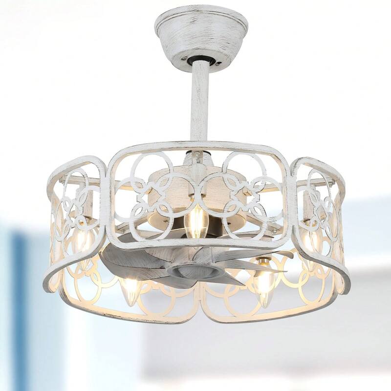 Cusp Barn 18in. Farmhouse Caged Ceiling Fan with Remote, Bladeless Industrial Fan, Rustic Metal Light Fixtures for Bedroom - Distressed White