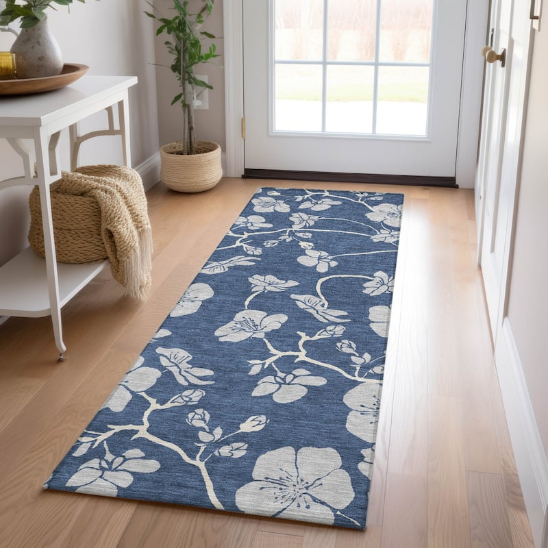 Machine Washable Indoor/ Outdoor Floral Zen Chantille Rug - Navy - 2'3" x 7'6"