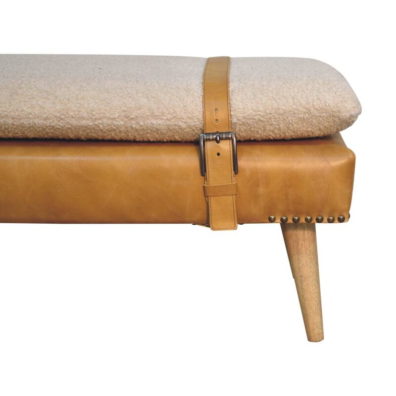 Artisan Furniture Solid Wood Bouclé Buffalo Hide Tan Leather Bench