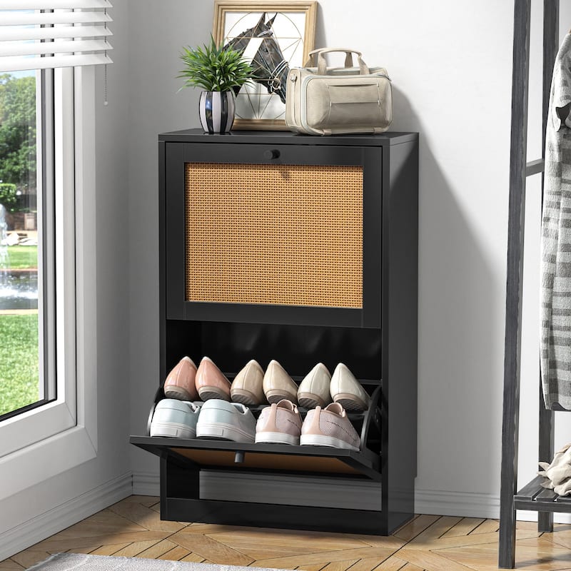 Anmytek 12 Pairs Black Shoe Storage Cabinet Freestanding Shoe Rack Organizer with 2 Flip Drawers - 20" W x 9" D x 33" H