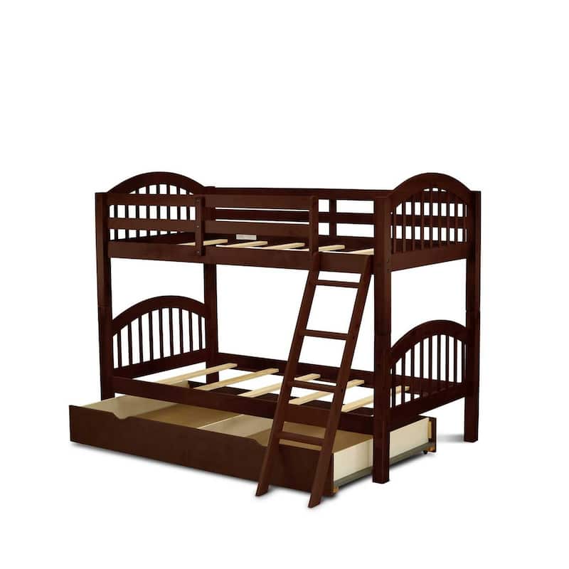 Twin Bunk Bed with Trundle & Drawer - Solid Wood, Java Finish - Space Saving Kids Bedroom Furniture