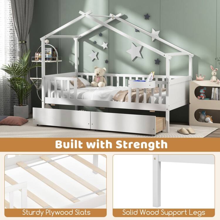Twin House Bed with 2 Storage Drawers and Roof & Fence Rails