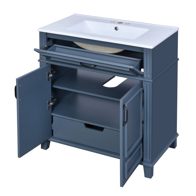 Bathroom Vanity with Ceramic Sink, Solid Wood Bathroom Sink Vanity, Storage Cabinet with Pull-Out Drawer & Tip-Out Drawer