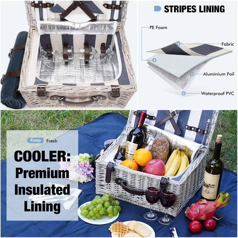 Picnic Basket Sets for 2 Persons with Insulation Cooler,Waterproof Picnic Blanket, Tableware for Family,Party,Outdoor