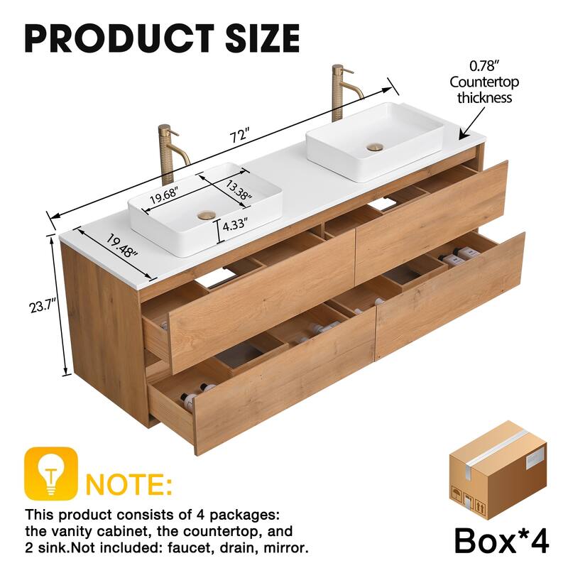 Sylphar 72 inch Toffee Oak Floating Bathroom Vanity with White Quartz Top