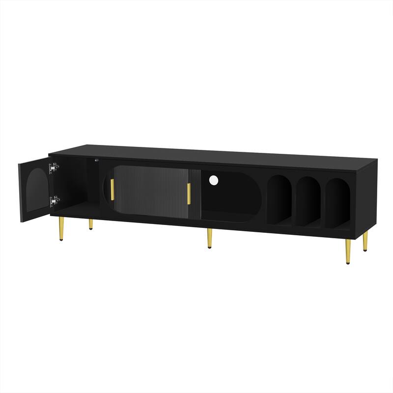 Modern TV Stand with Arched Shelves, Sliding Acrylic Door, Golden Metal Handles, and Ample Storage, Fits TVs up to 70 Inches.
