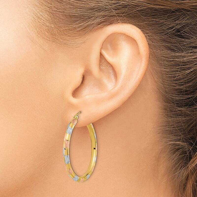 Curata 14k Yellow Gold With White and Rose Rhodium Satin Diamond cut 36x3mm Hoop Earrings