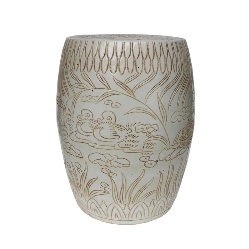 Matte White Carved Mandarin Duck Garden Stool Large