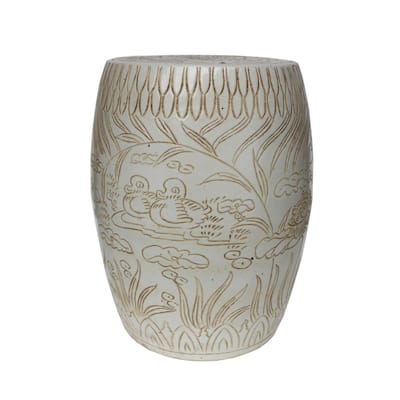 Matte White Carved Mandarin Duck Garden Stool Large