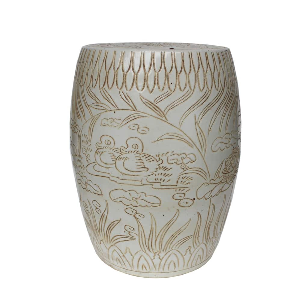 Matte White Carved Mandarin Duck Garden Stool Large