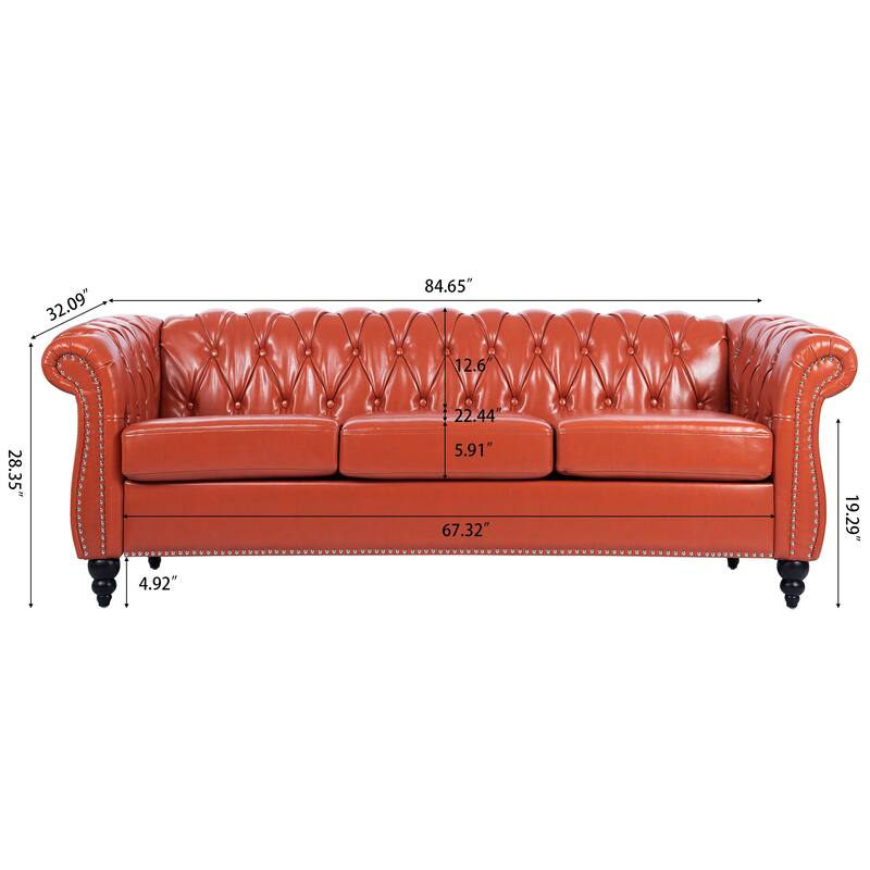 Chesterfield PU Leather 3 Seater Sofa, Button Tufted Deep Seat Sofa, Upholstered Sofa with Rolled Arms & Nailhead Trim