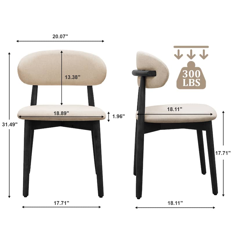Cotton-Linen Fabric Upholstered Dining Chair with Black Solid Wood Legs, Armless Chair Set of 2 for Kitchen, Living