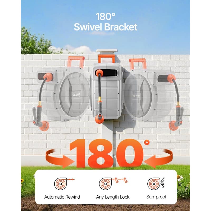 Heavy Duty Wall Mounted Hose Reel with Swivel Bracket and Lock Feature