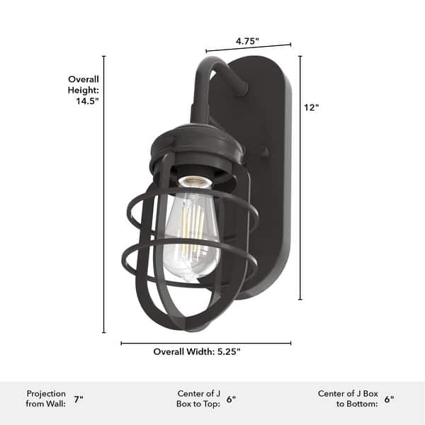 Hunter Starklake 1-Light Wall Sconce, Industrial, Caged, Rustic, Damp Rated