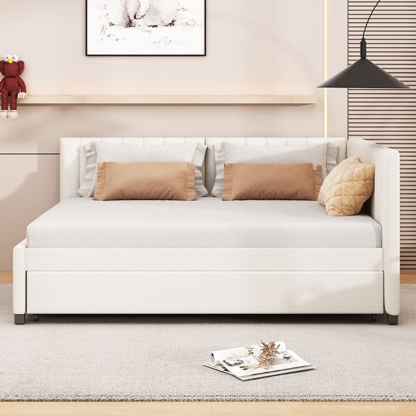slide 2 of 5, Upholstered Daybed Sofa Bed Twin Size With Trundle Bed and Wood Slat ,Gray Gray