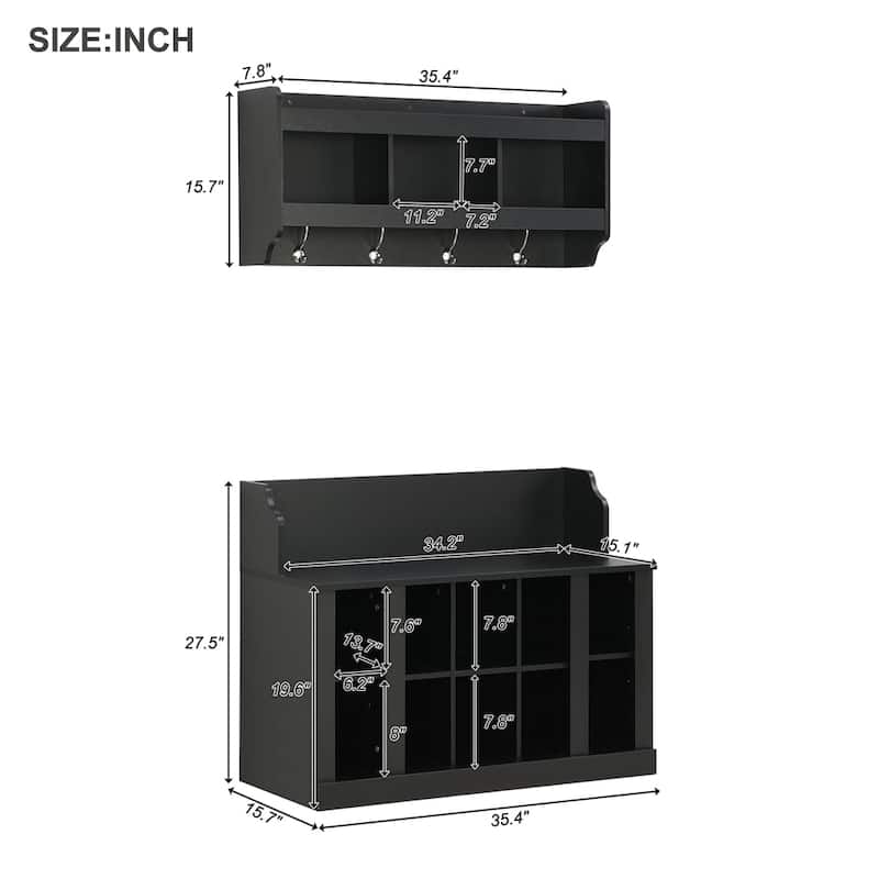 Shoe Storage Bench with Shelves and 4 Hooks, Wall Mounted Coat Rack - Black