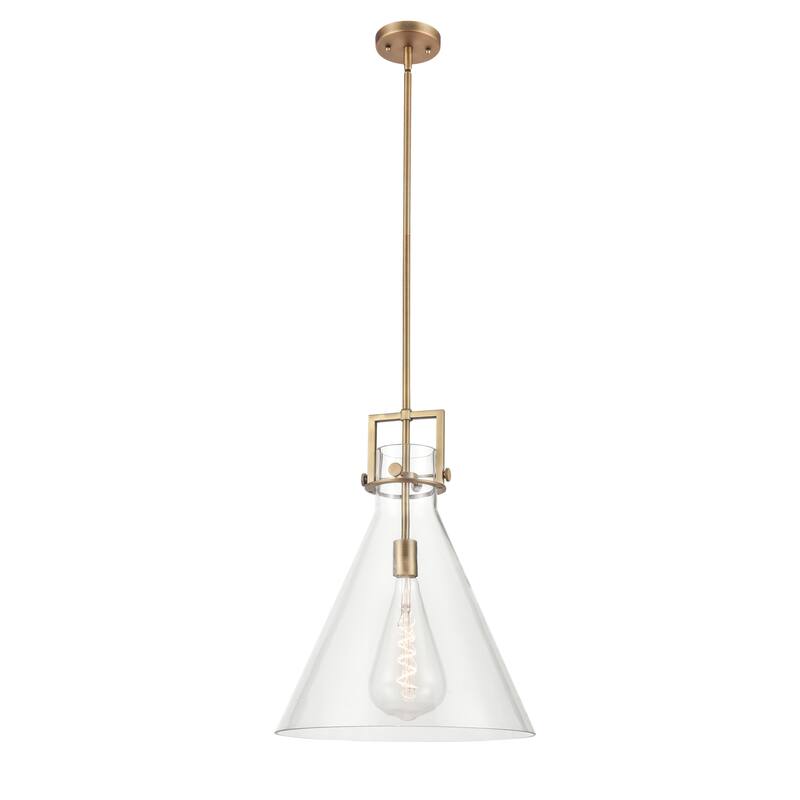 Innovations Lighting Newton Cone - 1 Light 16" Stem Hung Pendant - Clear/Brushed Brass