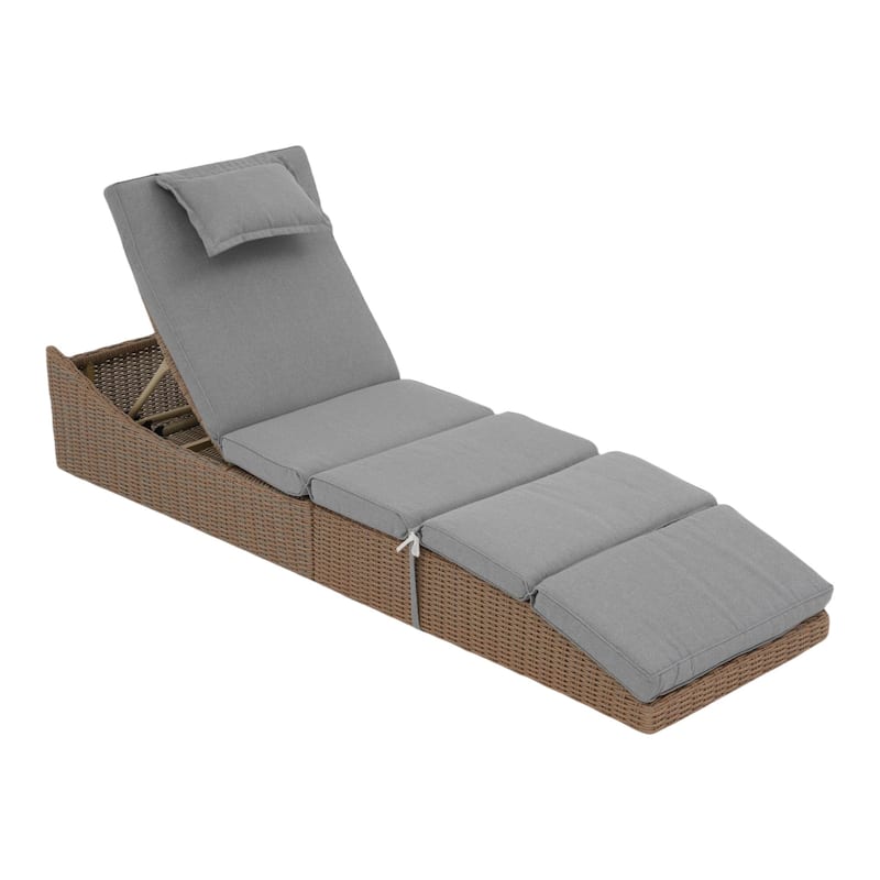 Adjustable Outdoor Wicker Reclining Chaise Lounge with Cushion - Brown/Grey