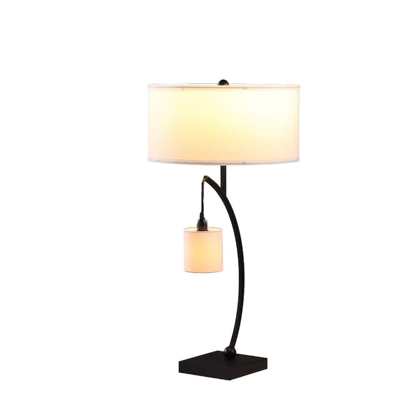 29" Metal Two Light Arched Table Lamp with White Drum Shade - 28.5" H x 15" W x 15" D - Black