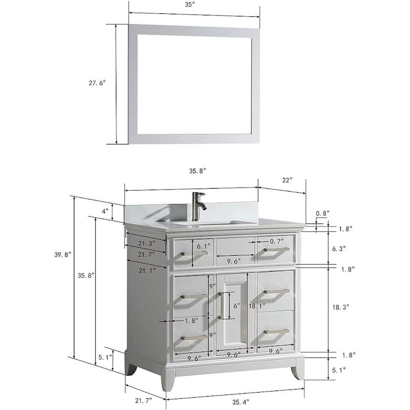 Vanity Art 36" Single Sink Bathroom Vanity Set with Engineered Marble Top and Free Mirror