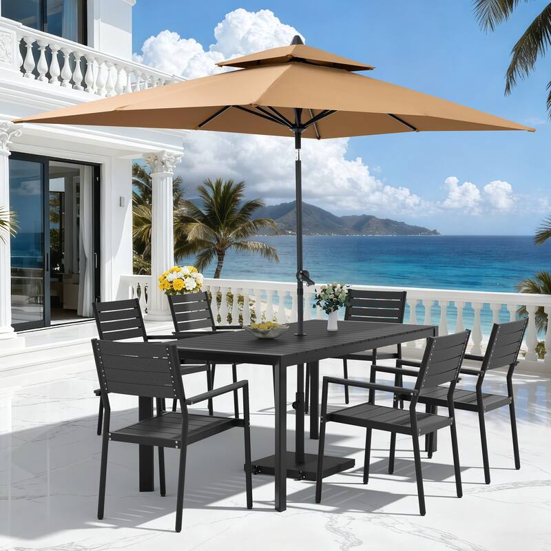 9-PCOutdoor Patio Dining Set Wood Like Aluminum Umbrella Hole Table with Stackable Armchairs, Market Umbrella and Wheel Base - BlackTable&BlackChairs&TanUmbrella