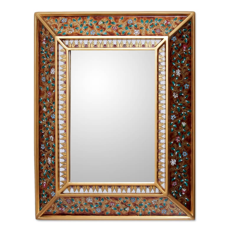Flowers On Gold Artisan Home Decor Floral Cedar Accent Hall Bedroom Bathroom Wall Mirror - Gold