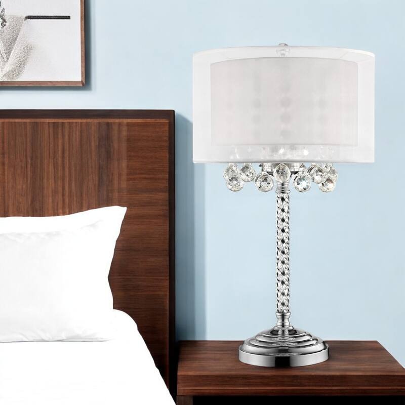 Silver Metal Crystal Swirl Bedside Lamp with White Linen Drum Shade - 17” x 17” x 30” (D x W x H)
