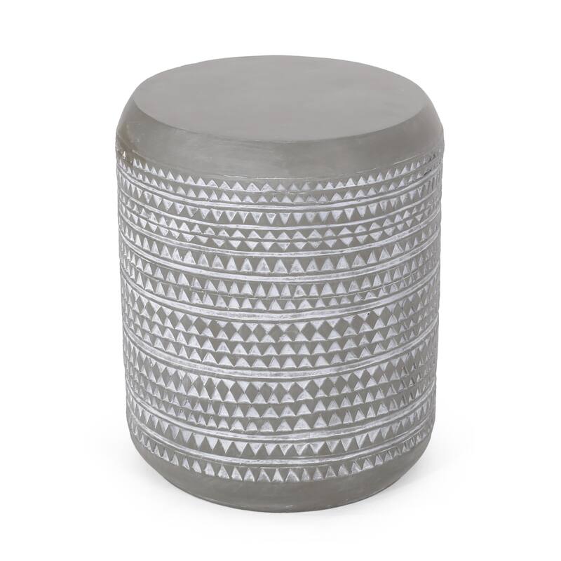 Roomfitters Outdoor Lightweight Concrete Side Table with Geometric Carved Pattern, Modern Patio Accent Table, White