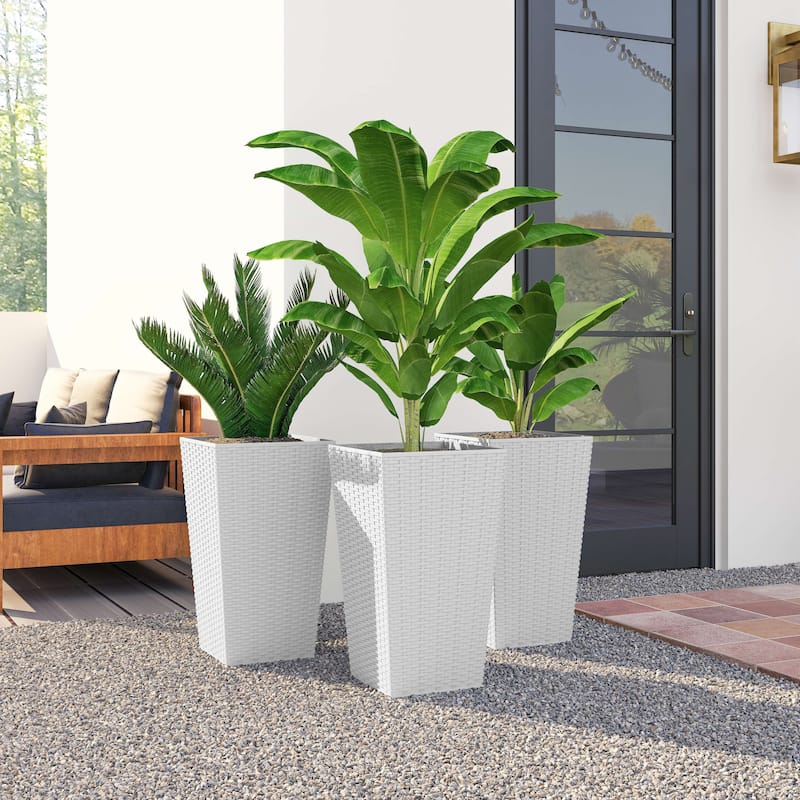 Outsunny Tall Planters for Outdoor Plants Set of 3, 24 In Taper Planters with Drainage Holes, Rattan Decor Plant Pots