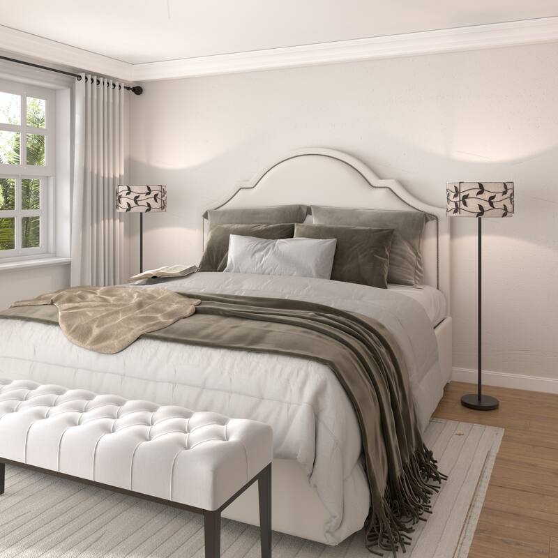 Acroma Black/Gold Leaf-Accent Fabric Shade Floor Lamp