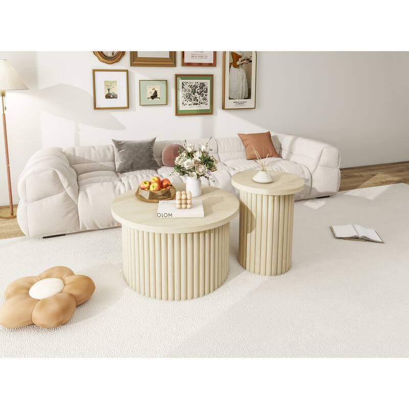 Round Coffee Table Modern Side Table with Wood Grain Vertical Stripe Coffee Table Legs Foot Pad, for Living Room