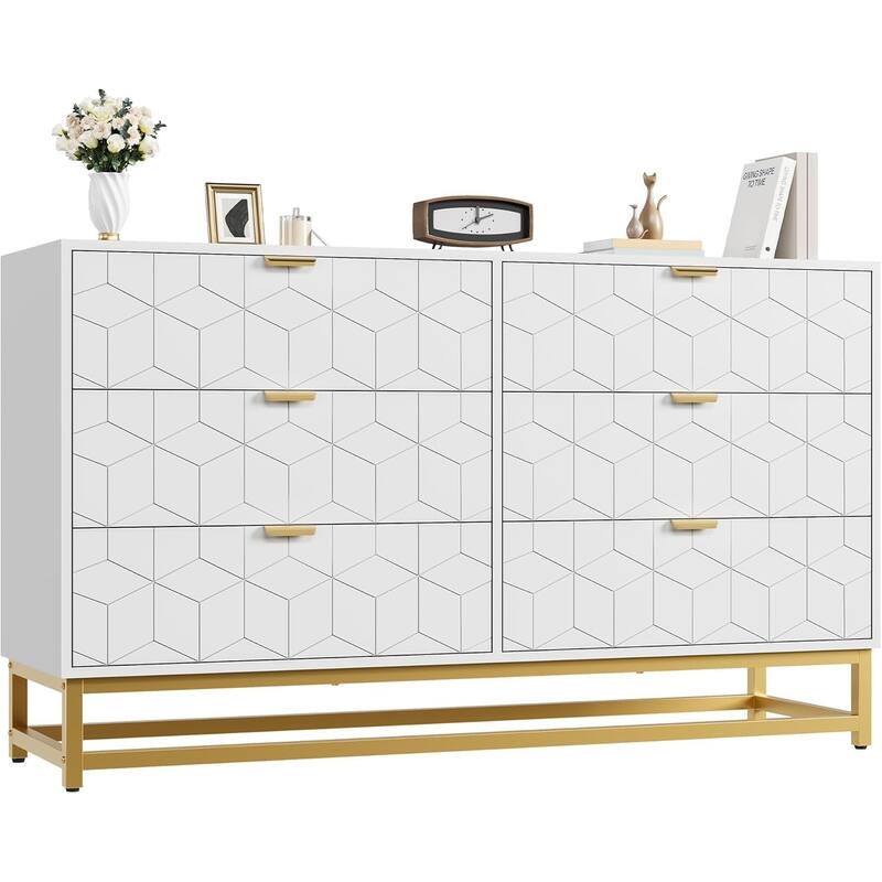6 Drawer Dresser for Bedroom, Wide Chest with Storage Drawers and Metal Legs for Living Room or Entryway - White