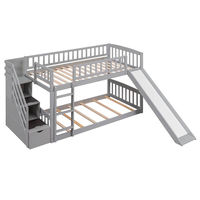 Twin Over Twin Bunk Bed with Drawers, Slide, and Stairs, Gray