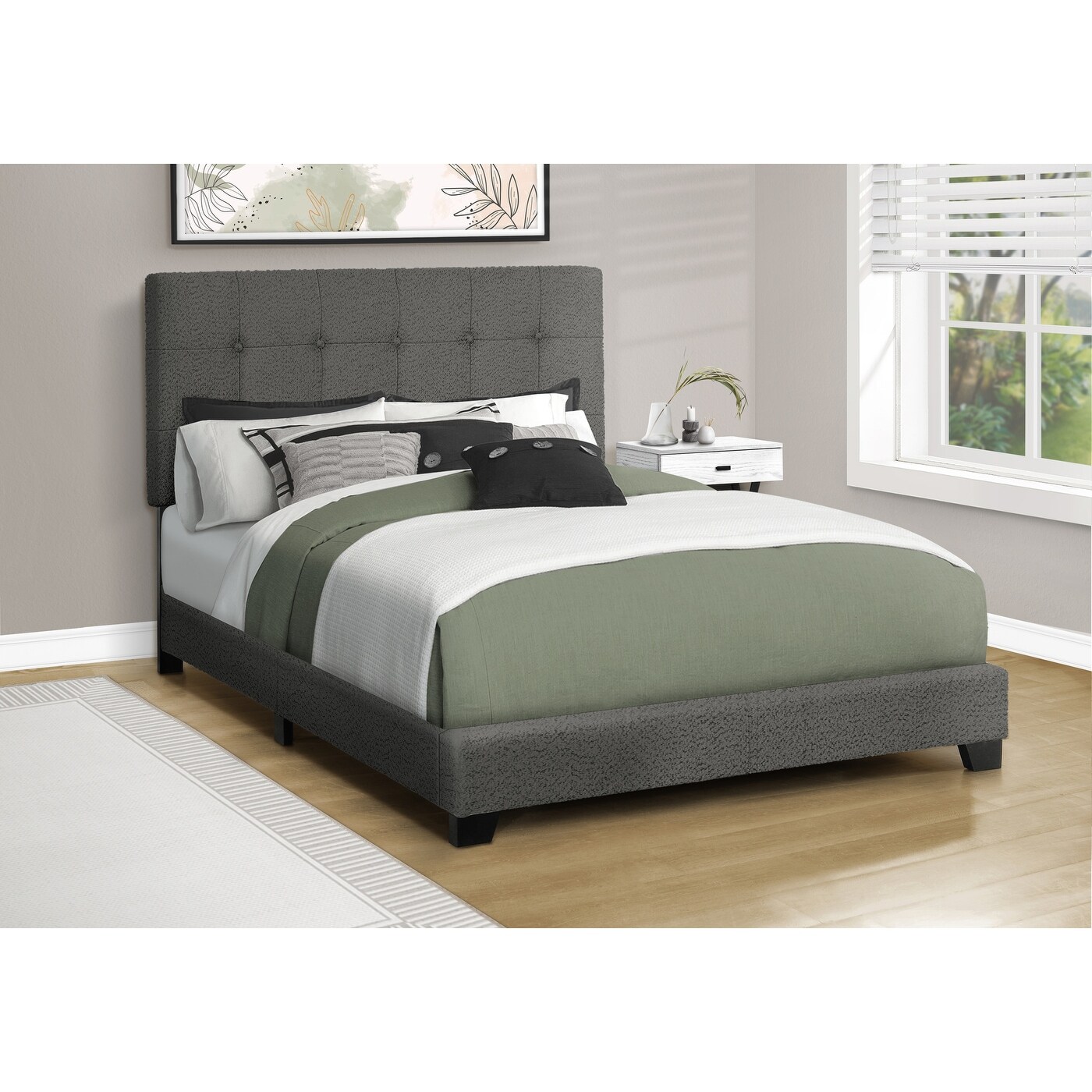 Full Size Upholstered Bed Frame with Button-Tufted Headboard, Dark Grey Boucle Fabric, Transitional Bedroom Decor