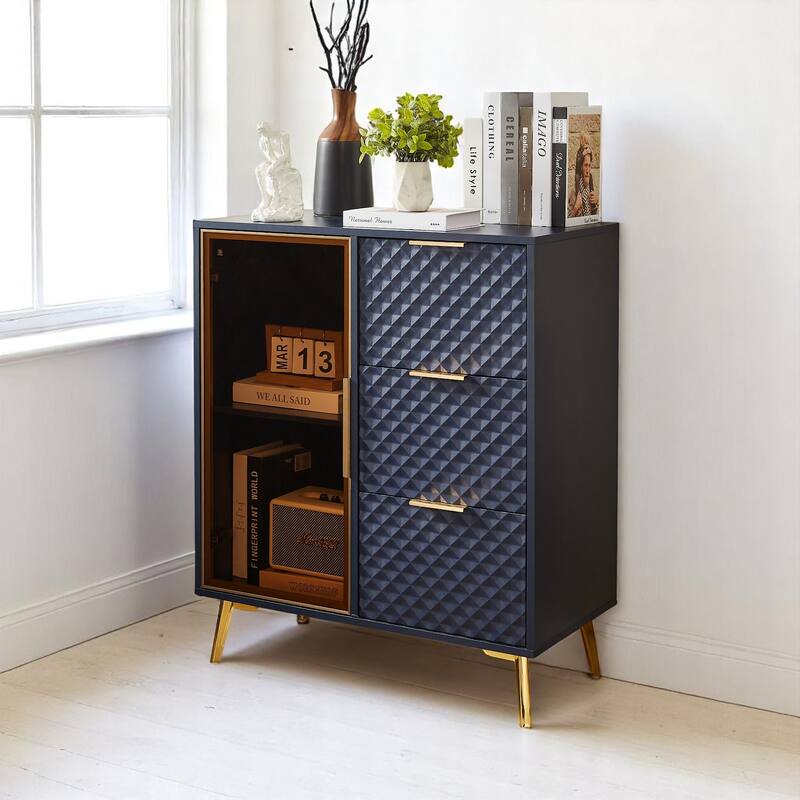 Accent Cabinet with 3 Drawers and 2 Glass Shelve,Tempered Glass Doors & Metal Legs,Storage Sideboard for Living Room or Entryway - Dark Blue