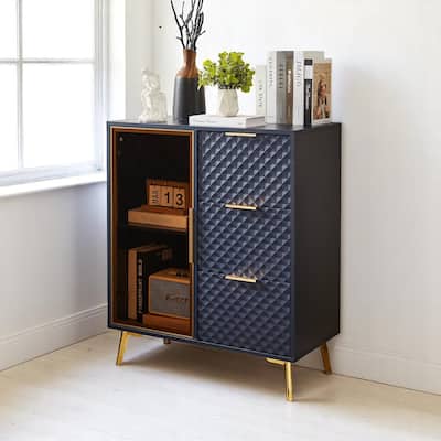 Accent Cabinet with 3 Drawers and 2 Glass Shelve,Tempered Glass Doors & Metal Legs,Storage Sideboard for Living Room or Entryway